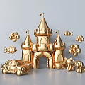 Golden Inflatable Castle with Decorative Flowers Fish Car and Animal Shapes
