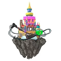 Cartoon Scene Featuring Colorful Castle With Spires And Twisting Roller Coaster Tracks On Rocky Platform