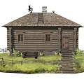 Traditional Wooden Log Cabin With Thatched Roof Wooden Fence And Grass Lawn
