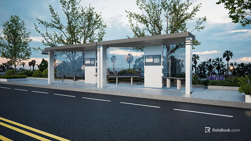 Modern Bus Station With Glass Walls Canopy Green Trees Benches and Evening Sky 3d model 