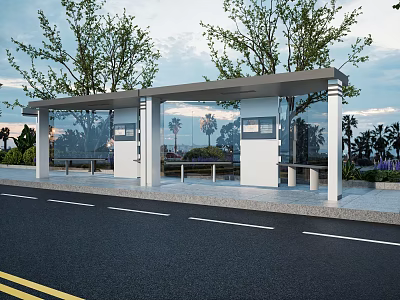 Modern Bus Station With Glass Walls Canopy Green Trees Benches and Evening Sky 3d model