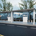Modern Bus Station With Glass Walls Canopy Green Trees Benches and Evening Sky