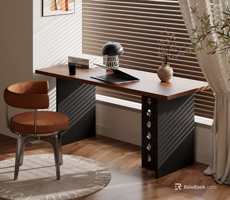 Modern Workspace With Wooden Desk Black Frame Brown Chair And Decorative Items 3d model 