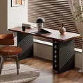 Modern Workspace With Wooden Desk Black Frame Brown Chair And Decorative Items