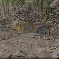 Ancient Rocky Cave Interior With Lush Hanging Plants And Old Machinery