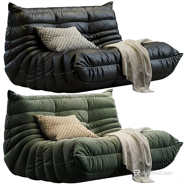 Modern Black and Green Two-Seater Sofa with Pleated Design Pillow and Blanket 3d model 