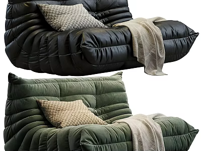Modern Black and Green Two-Seater Sofa with Pleated Design Pillow and Blanket 3d model