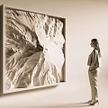 Large Wall Decor Natural Landscape Artwork With Wooden Frame In Modern Interior And Standing Woman