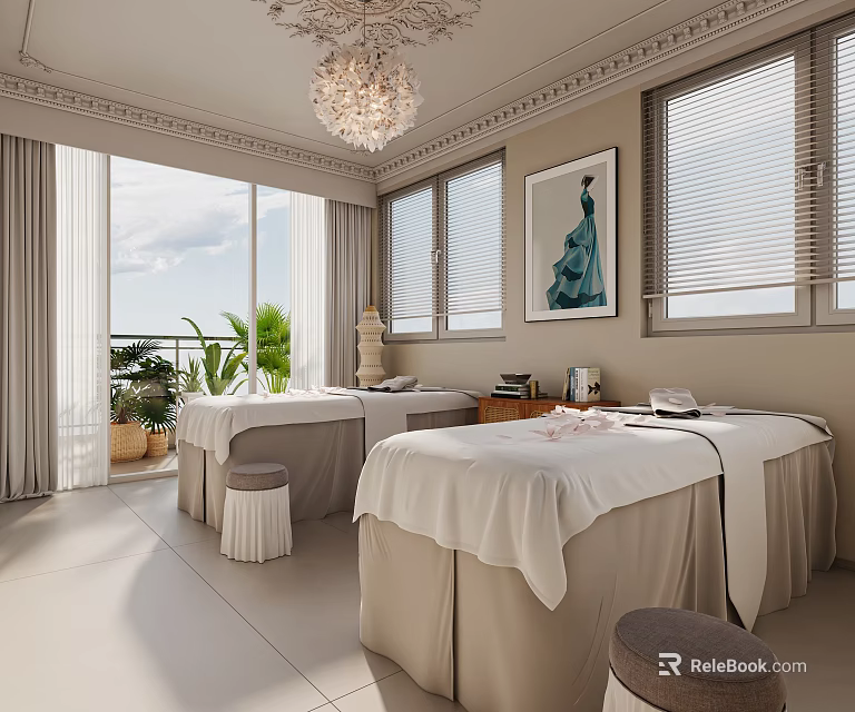 SPA Interior With Massage Tables White Sheets Elegant Chandelier Large Windows View And Green Plants 3d model 