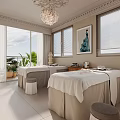 SPA Interior With Massage Tables White Sheets Elegant Chandelier Large Windows View And Green Plants