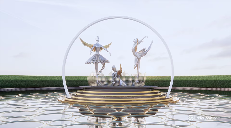 Winged Ballet Dancers Sculpture Under Circular Arch On Golden Base With Reflective Water Green Lawn 3d model 