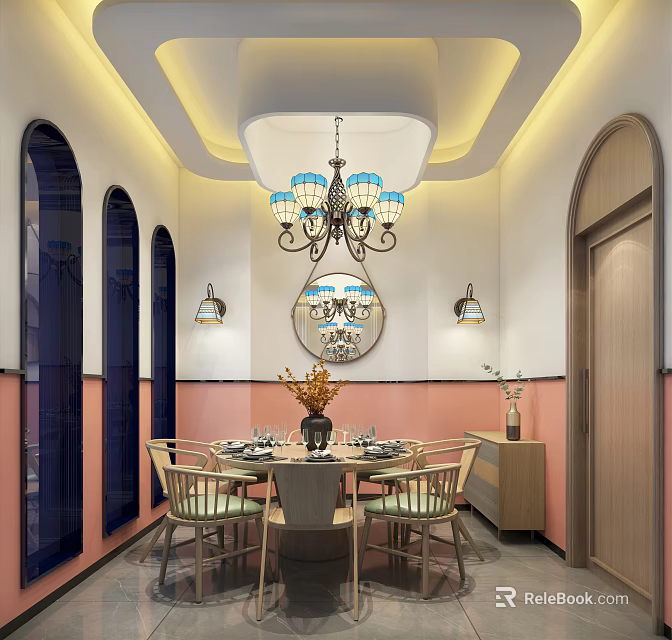 Private Dining Room Interior With Arched Design Chandelier And Wooden Dining Table 3d model