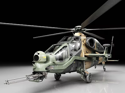 Detailed Military Camouflage Helicopter Featuring Rotor Blades And Front Cannon 3d model