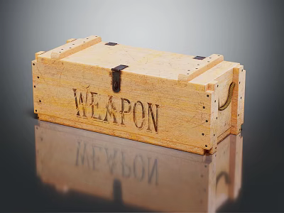 Sturdy Wooden Weapon Crate with Engraved Lettering Metal Clasp and Handle on Reflective Surface 3d model