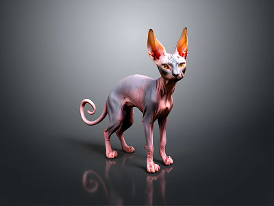 Hairless Sphynx Cat with Large Ears and Curled Tail Standing on Black Reflective Surface 3d model