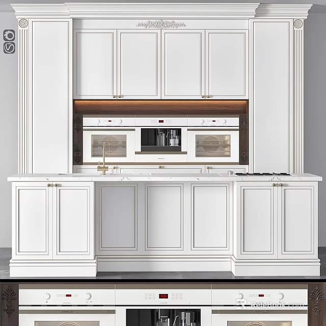 Modern White Kitchen Cabinets Featuring Marble Countertop And Built-in Appliances 3d model 