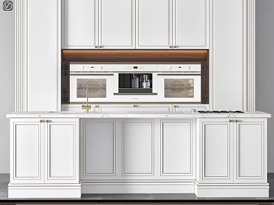 Modern White Kitchen Cabinets Featuring Marble Countertop And Built-in Appliances 3d model