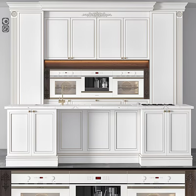Modern White Kitchen Cabinets Featuring Marble Countertop And Built-in Appliances 3d model