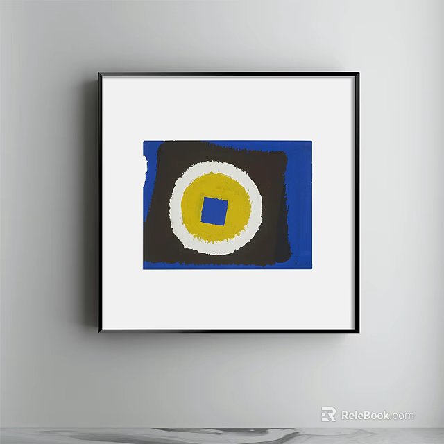 Abstract Painting with Blue Black Yellow White Circular Square Elements in Black Frame on Wall 3d model