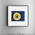 Abstract Painting with Blue Black Yellow White Circular Square Elements in Black Frame on Wall 3d model