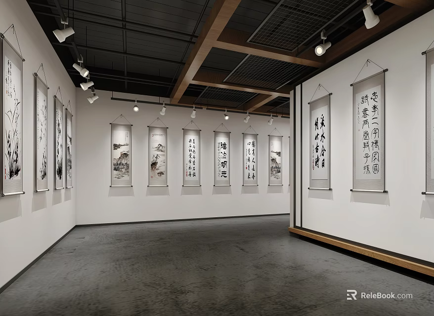 Exhibition Hall With Hanging Calligraphy Paintings White Walls Wooden Ceiling And Lighting Fixtures 3d model 