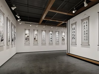 Exhibition Hall With Hanging Calligraphy Paintings White Walls Wooden Ceiling And Lighting Fixtures 3d model