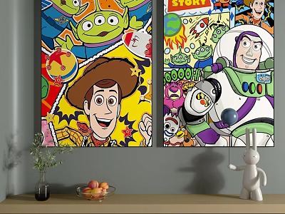Vibrant Toy Story Character Paintings Decorate Living Room Wall With Decorative Items 3d model