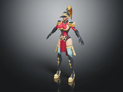 Female Warrior Character In Ornate Red Black Armor With Golden Decorations And Helmet 3d model