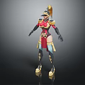 Female Warrior Character In Ornate Red Black Armor With Golden Decorations And Helmet