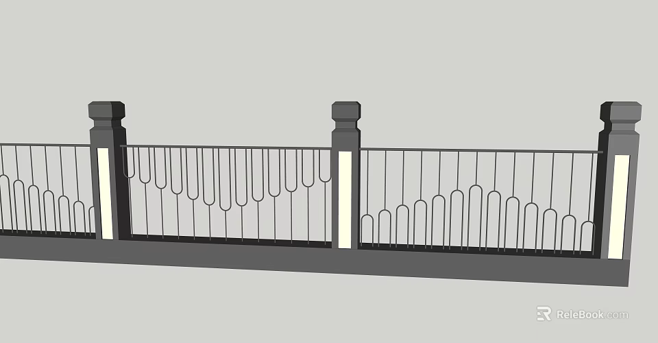 Modern Architectural Metal Fence With Decorative Posts And Curved Rail Patterns 3d model 