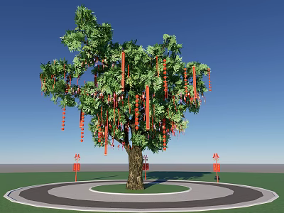 Arbor With Lush Green Foliage And Hanging Red Ribbons In Circular Pathway 3d model