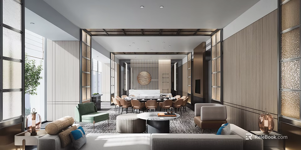 Elegant Private Box Interior With Comfortable Sofa Dining Table And Modern Wooden Panels 3d model