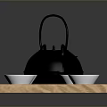 Black Cast Iron Teapot with Red Mat on Wooden Tray and Four White Small Bowls