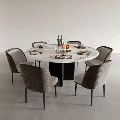 Round Marble Dining Table with Black Legs Six Gray Woven Chairs Tableware Wine Glasses Fruits 3d model