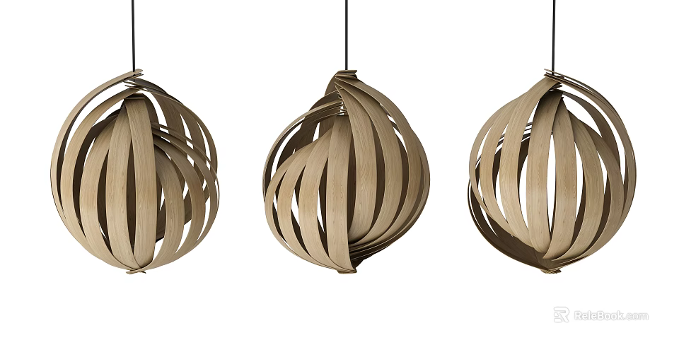 Wooden Woven Pendant Lights with Intricate Striped Design and Spherical Shape 3d model 
