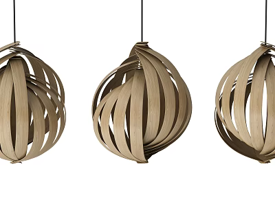 Wooden Woven Pendant Lights with Intricate Striped Design and Spherical Shape 3d model