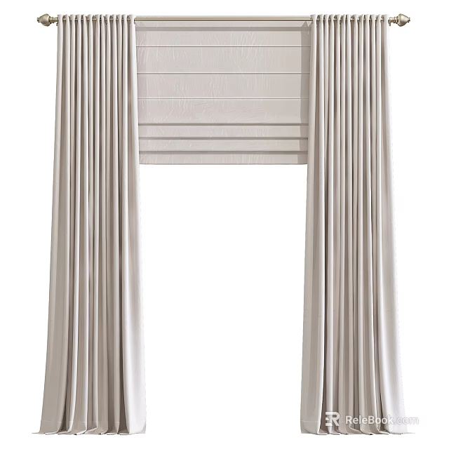 Elegant Beige Pleated Curtains With Roller Blinds For Interior Decoration 3d model 