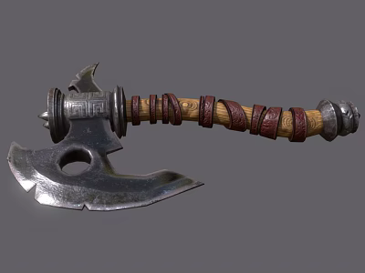 Medieval Battle Axe Weapon With Metal Blade And Leather Wrapped Wooden Handle 3d model