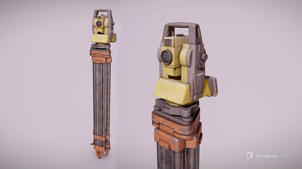 Two Surveying Instruments With Yellow Body Brown Straps And Metal Tripod Stands 3d model 