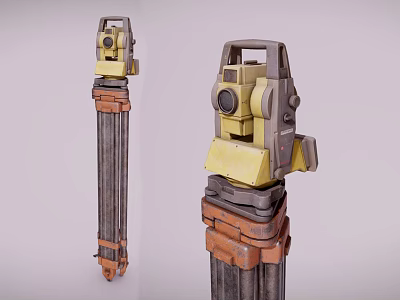 Two Surveying Instruments With Yellow Body Brown Straps And Metal Tripod Stands 3d model