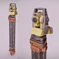 Two Surveying Instruments With Yellow Body Brown Straps And Metal Tripod Stands