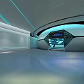 Modern Futuristic Exhibition Hall With Curved Ceiling Blue Lighting Display Screens And Circular Platform