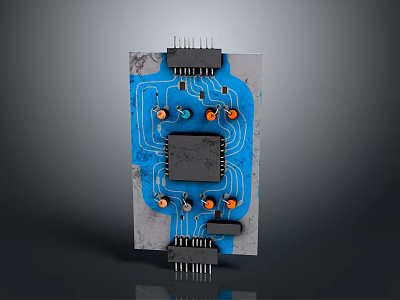 Electronic Circuit Board With Blue Circuitry Integrated Chip And Colorful Components 3d model