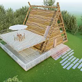 Triangular Wooden House With Glass Panels Balcony Railing and Stone Path Surrounded by Trees