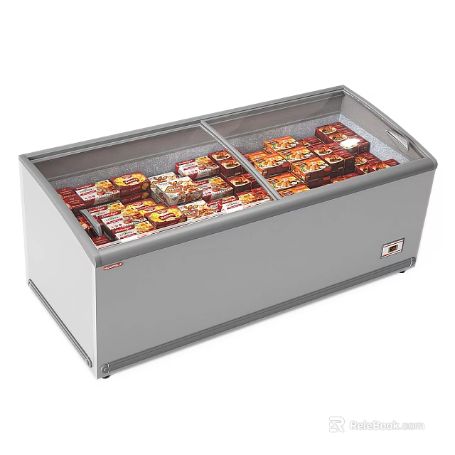 Commercial Glass Top Display Freezer With Packaged Frozen Products For Retail Store 3d model 