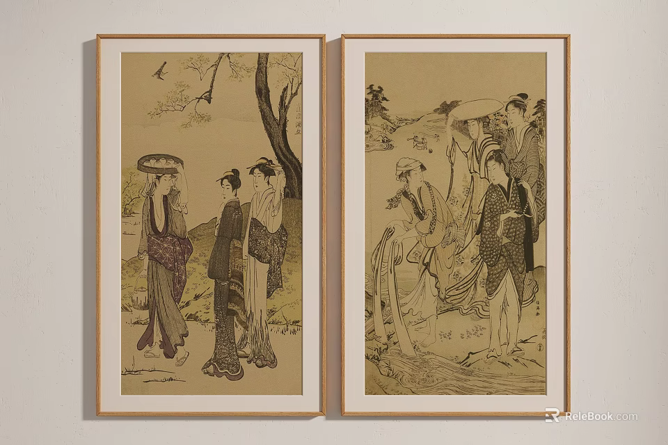 Traditional Chinese Figure Paintings Framed Wall Art Depicting Female Characters With Nature Scenery 3d model 