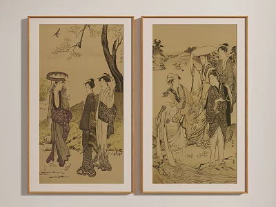 Traditional Chinese Figure Paintings Framed Wall Art Depicting Female Characters With Nature Scenery 3d model