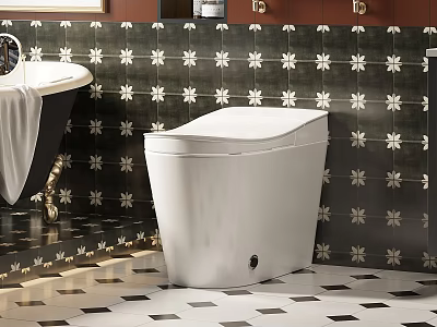 Elegant Bathroom Interior With White Toilet Bathtub And Dark Floral Tile Wall 3d model