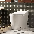 Elegant Bathroom Interior With White Toilet Bathtub And Dark Floral Tile Wall