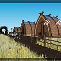 A Frame Wooden Cabins With Pathway Green Grass And Blue Sky View